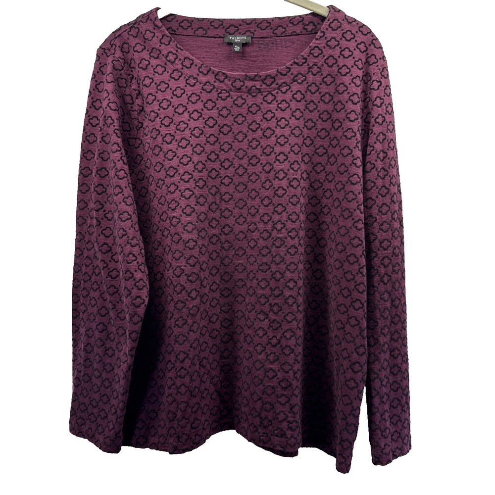 Talbots Womens Top Size XLP Petite XL Purple Black Pullover Long Sleeves Stretch
